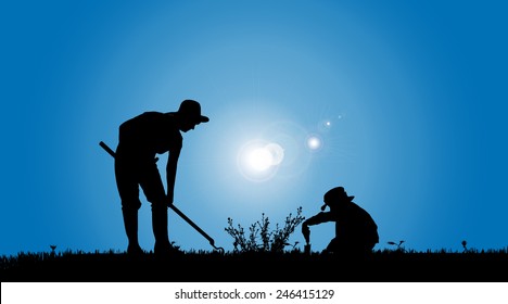 Vector silhouettes of family working in the garden.