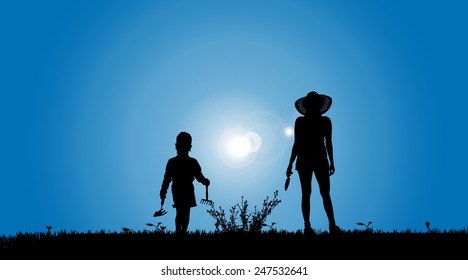 Vector silhouettes of family working in the garden.