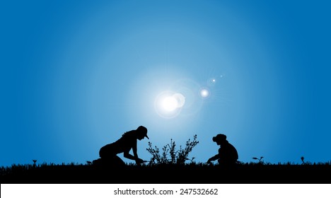 Vector silhouettes of family working in the garden.
