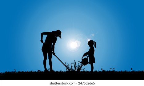 Vector Silhouettes Of Family Working In The Garden.