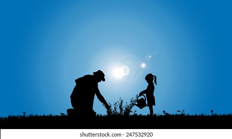 Vector Silhouettes Of Family Working In The Garden.