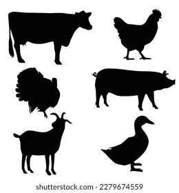 Vector silhouettes of farm animals cow, pig, chicken, turkey, goat, duck on a white background