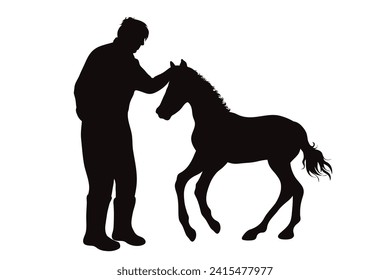 Vector silhouettes of farmer with foal on white background. Symbol of farm and breeding.