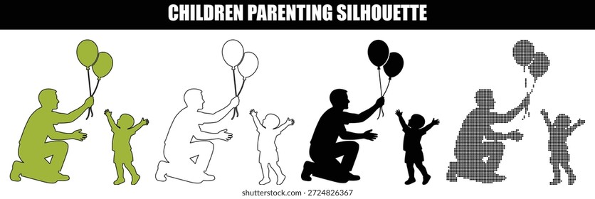 Siluetas de Vector de un padre dando globos a su hijo, mostradas en múltiples estilos, incluyendo versiones de contorno y puntos para conceptos de celebración y crianza.