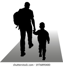 Vector silhouettes of a father with his son walking forward, back view, a man carries a backpack on his shoulder. Boy 4 years old, holding his father's hand.