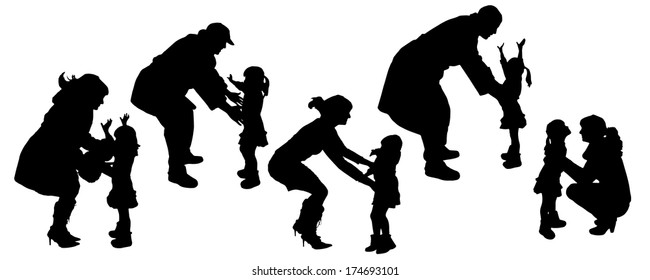 vector silhouettes of father and mother with children.