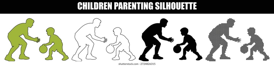 Vector silhouettes of a father and son playing basketball in multiple graphic styles including outline and pixel art for parenting and sports themes.