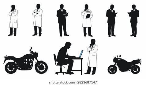 Vector silhouettes featuring scientists in white lab coats, businessmen in formal suits, an office worker at a desk with a laptop, and black motorcycle outlines on a white background.
