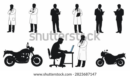 Vector silhouettes featuring scientists in white lab coats, businessmen in formal suits, an office worker at a desk with a laptop, and black motorcycle outlines on a white background.
