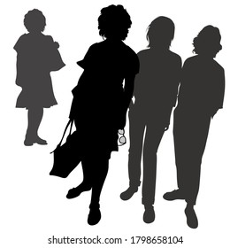 Vector silhouettes of a female group, 3 взрослые women are standing close together, a girl with a bag holding sun glasses, a meeting of girlfriends, figures of people full-length straight