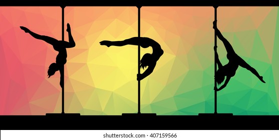 Vector silhouettes of female pole dancers performing pole moves on abstract polygonal hipster background.