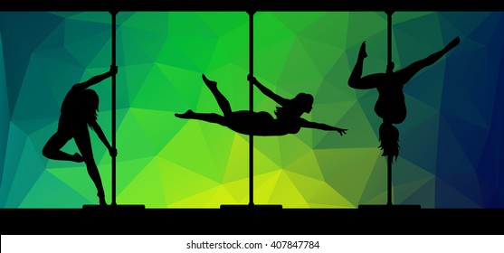 Vector silhouettes of female pole dancers performing pole moves on abstract polygonal hipster background.