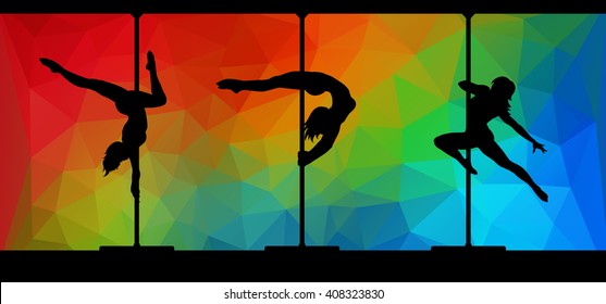 Vector silhouettes of female pole dancers performing pole moves on abstract polygonal hipster background.