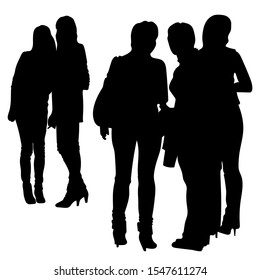 Vector silhouettes of five girls in jeans and high-heeled shoes. View of the girls front and back.