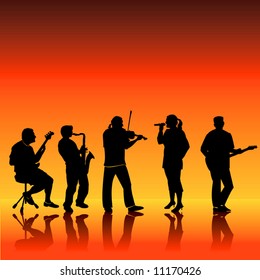 Vector silhouettes of five musicians in a band