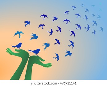 Vector silhouettes: a flock of birds fly from hand, crows, swans. cages illustrator.