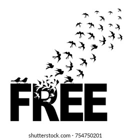 Vector silhouettes : a flock of birds flying from free text, crows, swans.vector bird cages illustrator