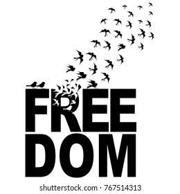 Vector silhouettes : a flock of birds flying from freedom text, crows, swans.illustrator