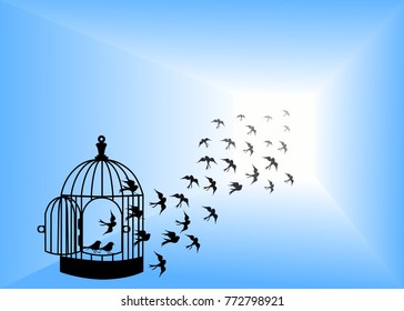 Vector silhouettes : a flock of birds flying, crows, swans.vector bird cages illustrator