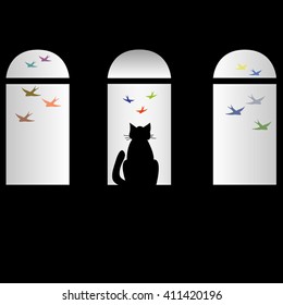 Vector silhouettes: a flock of colorful  birds, cat. vector illustration.  you can use this for poster, wallpaper, background 