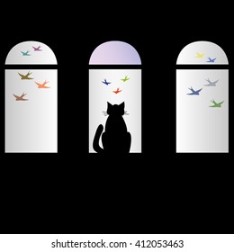 Vector silhouettes: a flock of colorful birds, cat. vector illustration.
