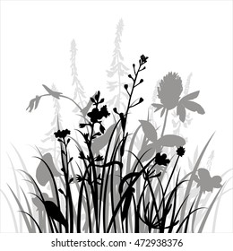 vector silhouettes of flowers and grass, background with wild plants, herbal backdrop, black monochrome floral template, hand drawn illustration