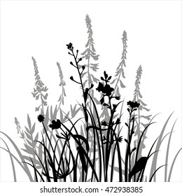 vector silhouettes of flowers and grass, background with wild plants, herbal backdrop, black monochrome floral template, hand drawn illustration