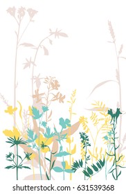 vector silhouettes of flowers and grass, background with wild plants, herbal backdrop, color floral template, hand drawn illustration