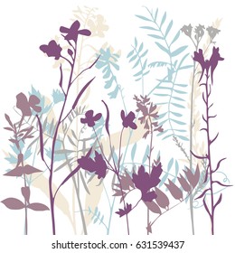 vector silhouettes of flowers and grass, background with wild plants, herbal backdrop, color floral template, hand drawn illustration