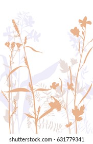 vector silhouettes of flowers and grass, background with wild plants, herbal backdrop, color floral template, hand drawn illustration
