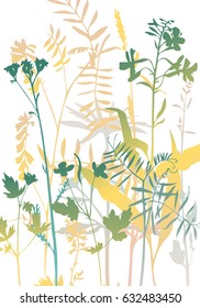 silhuetas vetoriais de flores e grama, fundo com plantas selvagens, fundo de ervas, modelo floral de cor, ilustração desenhada à mão