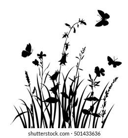 vector silhouettes of flowers and grass with butterflies, background with wild plants and insects, herbal backdrop, black monochrome floral template, hand drawn illustration