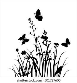 vector silhouettes of flowers and grass with butterflies, background with wild plants and insects, herbal backdrop, black monochrome floral template, hand drawn illustration