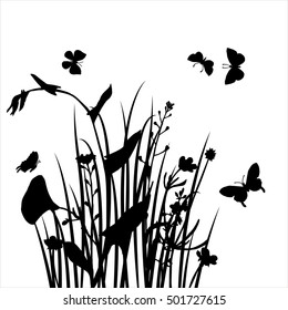 vector silhouettes of flowers and grass with butterflies, background with wild plants and insects, herbal backdrop, black monochrome floral template, hand drawn illustration