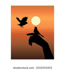 vector silhouettes of flying birds and birds perched on hands on a twilight background, great for wall decoration in frames