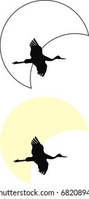 Vector silhouettes of flying crane against moon -  isolated illustration on white background.