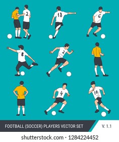 Vector silhouettes of football players. Graphic simplified style. Different silhouettes of football players and football referee.