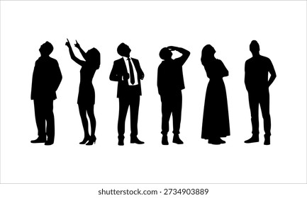 Vector silhouettes of four men and two women, a group of standing business people, looking up, back view, profile, black color isolated on white background