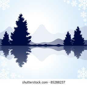 vector silhouettes of fur-trees with reflection in frozen water and mountains