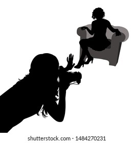 Vector silhouettes of a girl with a camera and a sitting model. Silhouette of a photographer, waist-high, sitting girl in full growth. women rare camera. Take pictures