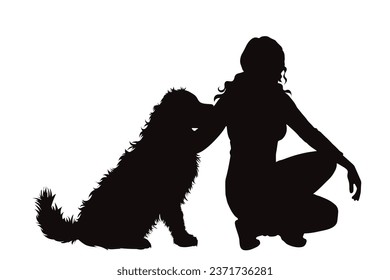 Vector silhouettes of girl with her dog on white background. Symbol of pet and canine.