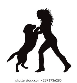 Vector silhouettes of girl with her dog on white background. Symbol of pet and canine.