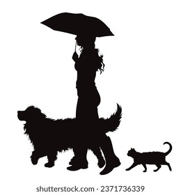 Vector silhouettes of girl with her dog and cat on white background. Symbol of pets and canine.