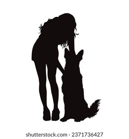 Vector silhouettes of girl with her dog on white background. Symbol of pet and canine.