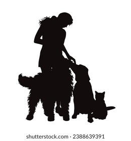 Vector silhouettes of girl with her dog and cat on white background. Symbol of pets and canine.