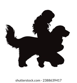 Vector silhouettes of girl with her dog on white background. Symbol of pet and canine.