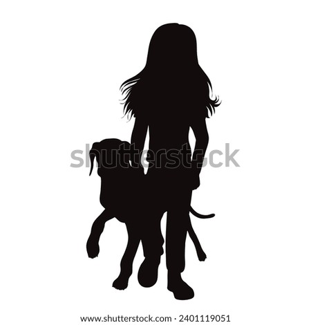 Vector silhouettes of girl with her dog on white background. Symbol of pet and canine.