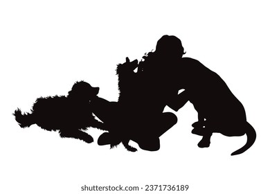 Vector silhouettes of girl with her dogs on white background. Symbol of pets and canine.