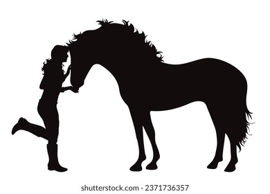 Vector silhouettes of girl with her horse on white background. Symbol of farm.