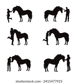 Vector silhouettes of girl with her horse on white background. Symbol of farm.